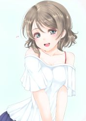 Rule 34 | 10s, 1girl, :d, bare shoulders, blue background, blue eyes, blush, bra strap, breasts, casual, cleavage, collarbone, eyelashes, frapowa, grey hair, heart, looking at viewer, love live!, love live! sunshine!!, medium breasts, off-shoulder shirt, off shoulder, open mouth, round teeth, shirt, short hair, short sleeves, simple background, smile, solo, sparkle, swept bangs, tareme, teeth, watanabe you, white shirt