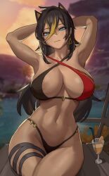 Rule 34 | 1girl, absurdres, animal ears, armpits, arms up, black hair, blue eyes, blurry, blurry background, breasts, brown hair, cleavage, closed mouth, crossed bangs, dark-skinned female, dark skin, dehya (genshin impact), drink, earrings, genshin impact, gradient hair, hair between eyes, highres, jewelry, large breasts, long hair, looking at viewer, multicolored hair, navel, revision, shikube, sitting, smile, solo, stomach, thigh strap, thighs