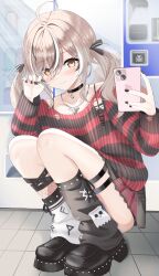 Rule 34 | 1girl, absurdres, ahoge, black choker, black leg warmers, black nails, black ribbon, black skirt, black sweater, brown hair, cellphone, chain, chain necklace, choker, emo fashion, hair over one eye, hair ribbon, heart, heart choker, highres, holding, holding phone, hololive, hololive english, jewelry, lace-trimmed choker, lace trim, looking at viewer, multicolored hair, nanashi mumei, nanashi mumei (emo), necklace, official alternate costume, phone, plaid, plaid skirt, platform footwear, red skirt, red sweater, ribbon, saykoro art, skirt, smartphone, smile, streaked hair, striped clothes, striped sweater, sweater, thigh strap, tile floor, tiles, torn clothes, torn sweater, twintails, two-tone sweater, vending machine, virtual youtuber, white leg warmers