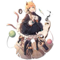 Rule 34 | 1girl, animal ears, arknights, bag, blonde hair, boots, capelet, cat, cat ears, cat girl, claws, dress, elite ii (arknights), frilled skirt, frills, gloves, green eyes, handbag, hat, inkwell, iritoa, material growth, mini hat, mousse (arknights), multicolored hair, multiple tails, oripathy lesion (arknights), skirt, streaked hair, tail, thigh boots, thighhighs, transparent background, two tails, unworn gloves, wristband, yarn, yarn ball
