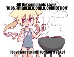 Rule 34 | 1girl, animal ears, blonde hair, cat ears, cat tail, closed mouth, cooking, cowboy shot, english text, food, fork, grill, grilling, highres, holding, holding fork, i just wanna grill for god&#039;s sake (meme), jitome, long hair, looking to the side, meme, monster energy, one-piece swimsuit, orenji (wholesomeorenji), original, red eyes, sausage, smile, smoke, solo, swimsuit, tail, twintails, white background