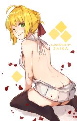 Rule 34 | 1girl, ;), ahoge, artist name, artoria pendragon (all), artoria pendragon (fate), ass, back, back focus, backless dress, backless outfit, bad id, bad pixiv id, bare back, bare shoulders, black panties, black thighhighs, blonde hair, blush, braid, breasts, butt crack, dimples of venus, dress, fate/grand order, fate (series), french braid, from behind, green eyes, grey dress, grey sweater, hair intakes, halterneck, looking at viewer, looking back, lowleg, lowleg panties, meme attire, naked sweater, nero claudius (fate), nero claudius (fate) (all), nero claudius (fate/extra), no bra, one eye closed, panties, pantyshot, petals, ribbed sweater, saber (fate), saika ryougi, short hair, shoulder blades, simple background, sitting, sleeveless, small breasts, smile, solo, sweater, sweater dress, thighhighs, thong, turtleneck, turtleneck sweater, underwear, virgin killer sweater, white background