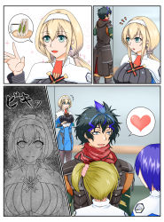 Rule 34 | 1boy, 3girls, absurdres, aqua eyes, black hair, black jacket, black legwear, blonde hair, blue dress, blue hair, breasts, capelet, cheating (relationship), coffee, coffee cup, cup, disposable cup, dress, earrings, edge sainklaus, food, hairband, heart, highres, jacket, jewelry, large breasts, leo (dyuminas), low twintails, mitsuba greyvalley, multicolored hair, multiple girls, necktie, pantyhose, petrification, red necktie, red scarf, sandwich, scarf, scrunchie, short hair, short necktie, side ponytail, spoken heart, super robot wars, super robot wars 30, triangle earrings, twintails, white capelet, white hairband