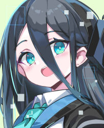 Rule 34 | 1girl, :d, aqua eyes, aqua necktie, aris (blue archive), black hair, black hairband, blue archive, commentary request, green background, hair between eyes, hairband, highres, long hair, looking at viewer, necktie, omochishiki, open mouth, simple background, smile, solo, teeth, upper body, upper teeth only