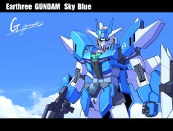 Rule 34 | artist name, beam rifle, character name, clenched hand, earthree gundam, energy gun, g.yamamoto, gun, gundam, gundam build divers, gundam build divers re:rise, highres, holding, holding gun, holding weapon, looking ahead, mecha, robot, shield, sky, solo, v-fin, weapon