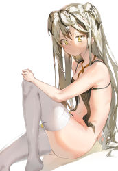 Rule 34 | 1girl, ahoge, armpits, ass, bare arms, bare shoulders, black bra, black necktie, blonde hair, bottomless, bra, breasts, commentary request, desert eagle (girls&#039; frontline), expressionless, frilled bra, frills, from side, girls&#039; frontline, gradient hair, grey hair, hand on ground, hand on own knee, highres, knee up, leaning, leaning back, leg up, legs, long hair, looking at viewer, medium breasts, mole, mole under eye, multicolored hair, multicolored neckwear, navel, necktie, no panties, orange necktie, pixel (yuxian), shiny skin, sidelocks, sitting, slit pupils, solo, streaked hair, striped necktie, striped neckwear, tagme, thighhighs, thighs, two side up, underwear, very long hair, white thighhighs, yellow eyes
