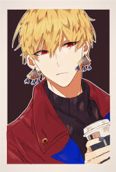 Rule 34 | 1boy, black shirt, blonde hair, border, closed mouth, commentary request, cup, earrings, fate/grand order, fate (series), fingernails, gilgamesh (fate), highres, holding, holding cup, jewelry, lapels, looking at viewer, male focus, nail polish, red eyes, shirt, short hair, shu (oshigoto boshuuchuu), solo, teacup, turtleneck