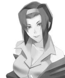 Rule 34 | 1girl, absurdres, breasts, cleavage, commentary, cowboy bebop, faye valentine, greyscale, hairband, highres, large breasts, lips, monochrome, off shoulder, sleeveless, smile, solo, upper body, xyanaid