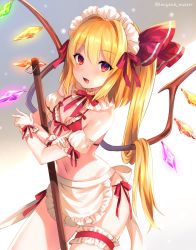 Rule 34 | 1girl, :d, alternate costume, apron, artist name, bare shoulders, bikini, blonde hair, blush, breasts, bridal garter, broom, collar, commentary request, cowboy shot, crystal, detached sleeves, enmaided, fang, flandre scarlet, frilled apron, frilled bikini, frilled collar, frills, front-tie bikini top, front-tie top, gloves, gradient background, grey background, hair between eyes, hair intakes, hair ribbon, long hair, looking at viewer, maid, maid apron, maid bikini, maid headdress, marota, navel, neck ribbon, one side up, open mouth, puffy short sleeves, puffy sleeves, red bikini, red eyes, red ribbon, ribbon, short sleeves, side-tie bikini bottom, sidelocks, skin fang, small breasts, smile, solo, standing, stomach, swimsuit, thighs, touhou, twitter username, unconventional maid, very long hair, waist apron, white apron, white background, white collar, white gloves, wings