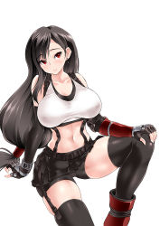Rule 34 | 1girl, bike shorts, black hair, black skirt, black thighhighs, breasts, cameltoe, crop top, elbow gloves, final fantasy, final fantasy vii, final fantasy vii remake, fingerless gloves, gloves, long hair, looking at viewer, low-tied long hair, navel, pleated skirt, red eyes, shorts, shorts under skirt, simple background, skindentation, skirt, smile, solo, sports bra, stomach, suspenders, thighhighs, tifa lockhart, yameta takashi
