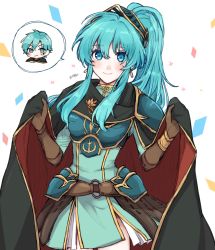 Rule 34 | 1boy, 1girl, alternate costume, alternate hairstyle, aqua eyes, aqua hair, armor, belt, blush, breastplate, cape, cosplay, earrings, eirika (fire emblem), ephraim (fire emblem), ephraim (fire emblem) (cosplay), fire emblem, fire emblem: the sacred stones, fire emblem heroes, gloves, hair between eyes, highres, holding, holding cape, holding clothes, jewelry, long hair, looking at viewer, misato hao, nintendo, official alternate costume, ponytail, sidelocks, skirt, smile