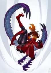 Rule 34 | 1girl, antennae, black sclera, boots, brown hair, carapace, claws, colored sclera, commission, extra arms, fewer digits, gradient hair, grin, highres, arthropod girl, interlocked fingers, jacket, long hair, looking at viewer, multicolored hair, orange hair, original, red jacket, smile, tostantan, watermark, yellow eyes, zipper, zipper footwear