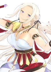 Rule 34 | 1girl, 205681sk, anklet, arabian clothes, armlet, blonde hair, blue eyes, blush, bracelet, breasts, cape, circlet, cleavage, dancer, dancer (fire emblem: three houses), dancing, dress, edelgard von hresvelg, fire emblem, fire emblem: three houses, hair ornament, hair ribbon, harem outfit, highres, jewelry, long hair, looking at viewer, nintendo, ribbon, simple background, single-shoulder dress, solo, white background