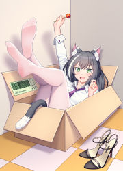 Rule 34 | 1girl, absurdres, animal ear fluff, animal ears, arm up, black hair, box, candy, cardboard box, cat ears, cat girl, cat tail, chinese commentary, commentary request, fang, feet, food, unworn footwear, green eyes, grey-framed eyewear, high heels, highres, holding, holding candy, holding food, holding lollipop, in box, in container, karyl (princess connect!), leg lift, lollipop, low twintails, multicolored hair, no shoes, open mouth, pantyhose, princess connect!, sandals, unworn sandals, soles, solo, streaked hair, tail, tail raised, tile floor, tiles, twintails, white-framed eyewear, white pantyhose, xiaoxi0619