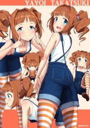Rule 34 | 1girl, :d, all fours, blue eyes, blush, breasts, brown footwear, brown hair, burger, character name, downblouse, eating, finger to cheek, food, hair bobbles, hair ornament, highres, idolmaster, idolmaster (classic), leaning forward, looking at viewer, multiple views, oops, open mouth, overalls, short twintails, small breasts, smile, striped clothes, striped thighhighs, suspenders, takatsuki yayoi, thighhighs, twintails, twitter username