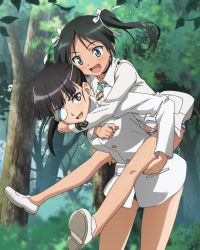 Rule 34 | 2girls, black hair, blush, breasts, brown eyes, collarbone, eyepatch, fang, francesca lucchini, green eyes, green hair, looking back, medium breasts, multiple girls, open mouth, panties, ponytail, sakamoto mio, smile, strike witches, striped clothes, striped panties, twintails, underwear, world witches series