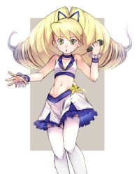 Rule 34 | 1girl, :o, bare arms, bare shoulders, big hair, blonde hair, blush, breasts, capcom, drill hair, facing viewer, frilled bracelet, frilled skirt, frills, green eyes, highres, holding, holding microphone, idol, long hair, luna platz (mega man), mega man (series), mega man star force, microphone, midriff, miniskirt, navel, open mouth, sakuraba (cerisier x), simple background, skirt, sleeveless, small breasts, solo, sweatdrop, thighhighs, twintails, white thighhighs