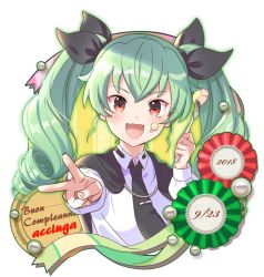 Rule 34 | 10s, 1girl, :d, anchovy (girls und panzer), anzio school uniform, award ribbon, black cape, black necktie, black ribbon, cape, chain, clip, closed mouth, commentary request, dress shirt, drill hair, food, food on face, foreshortening, fork, girls und panzer, green hair, hair ribbon, holding, holding fork, italian text, kakuzatou (boxxxsugar), long hair, long sleeves, looking at viewer, necktie, open mouth, red eyes, ribbon, school uniform, shirt, smile, solo, translation request, twin drills, twintails, upper body, v, white shirt, wing collar