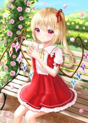 Rule 34 | 1girl, absurdres, alternate costume, bench, blonde hair, blush, closed mouth, crystal, day, dress, falling petals, feet out of frame, flandre scarlet, flower, frilled dress, frilled shirt collar, frills, grass, hair ornament, hair ribbon, highres, light smile, long hair, multicolored wings, no headwear, nyanyanoruru, on bench, one side up, outdoors, park, park bench, petals, pink flower, pink petals, red dress, red eyes, red ribbon, ribbon, rose, sitting, solo, touhou, white flower, white rose, wings, x hair ornament