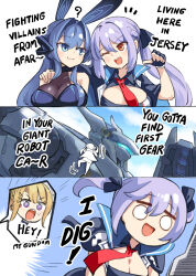 Rule 34 | 3girls, ?, animal ears, azur lane, blonde hair, blue hair, breasts, cleavage, commentary, crossover, english commentary, english text, essex (azur lane), fake animal ears, fingerless gloves, gloves, guam (azur lane), highres, hm (hmongt), large breasts, mecha, medium breasts, megas xlr, multiple girls, music, necktie, new jersey (azur lane), new jersey (exhilarating steps!) (azur lane), purple hair, red necktie, right-to-left comic, robot, singing, speech bubble, sweatdrop