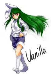 Rule 34 | 1girl, animal ears, attall, breasts, character request, commentary, full body, gradient background, green hair, hands on own hips, highres, long hair, nanbo ataru (attall), rabbit ears, red eyes, shorts, sidelocks, socks, solo, turtleneck, very long hair, walking