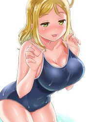 Rule 34 | 1girl, :3, :d, bare arms, bare shoulders, blonde hair, blue one-piece swimsuit, blush, braid, breasts, cleavage, clothes pull, collarbone, competition school swimsuit, covered navel, cowboy shot, crown braid, curvy, gonta (gshoutai), groin, hair rings, highres, large breasts, leaning forward, looking at viewer, love live!, love live! sunshine!!, narrow waist, ohara mari, one-piece swimsuit, one-piece swimsuit pull, open mouth, partially submerged, pulling own clothes, raised eyebrows, school swimsuit, skin tight, skindentation, smile, smug, solo, spaghetti strap, swimsuit, taut clothes, taut swimsuit, w arms, wading, water, wet, wet clothes, wet hair, white background, wide hips, yellow eyes