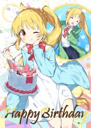 Rule 34 | 1girl, :d, ;), ^ ^, absurdres, ahoge, birthday cake, blonde hair, blue jacket, blush, bocchi the rock!, bow, braid, brown eyes, cake, closed eyes, collared shirt, commentary request, confetti, dress, dress shirt, food, fork, green jacket, hand on own face, hands up, happy birthday, highres, holding, holding fork, ijichi nijika, jacket, long hair, multiple views, one eye closed, open clothes, open jacket, open mouth, red bow, sailor collar, sailor dress, shirt, side ponytail, smile, suta0822, very long hair, white background, white dress, white sailor collar, white shirt