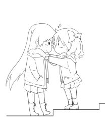 Rule 34 | 2girls, blush, bow, chibi, face-to-face, flying sweatdrops, from side, greyscale, hair bow, height difference, long hair, long sleeves, looking at another, monochrome, multiple girls, musujime awaki, outstretched arms, pleated skirt, profile, scarf, shared clothes, shared scarf, shirai kuroko, sketch, skirt, smile, toaru majutsu no index, usamin (megumikira), very long hair, yuri