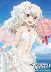 Rule 34 | 1girl, 2021, :d, bare shoulders, bikini, blonde hair, blue sky, blush, bouquet, breasts, bridal veil, bride, cloud, collarbone, copyright name, copyright notice, day, fate/kaleid liner prisma illya, fate (series), flower, hair flower, hair ornament, highres, holding, holding bouquet, illyasviel von einzbern, jewelry, logo, long hair, looking at viewer, navel, necklace, nontraditional wedding dress, official art, open mouth, outdoors, red eyes, rose, sky, small breasts, smile, solo, swimsuit, veil, white bikini
