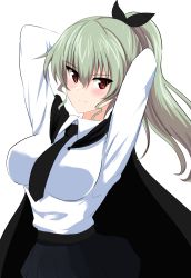 Rule 34 | 1girl, absurdres, aikir (jml5160), alternate hairstyle, anchovy (girls und panzer), anzio school uniform, arms behind head, arms up, black cape, black necktie, black ribbon, black skirt, cape, closed mouth, commentary, cowboy shot, dress shirt, girls und panzer, green hair, hair ribbon, highres, long hair, long sleeves, looking at viewer, necktie, pleated skirt, ponytail, red eyes, ribbon, school uniform, shirt, simple background, skirt, smile, solo, standing, white background, white shirt, wing collar