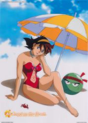 Rule 34 | 1990s (style), 1girl, absurdres, anklet, bare shoulders, beach umbrella, casual one-piece swimsuit, copyright name, copyright notice, crab, english text, g gundam, gundam, head rest, head tilt, headband, highres, jewelry, navel, neck ring, official art, one-piece swimsuit, ousaka hiroshi, rain mikamura, red one-piece swimsuit, retro artstyle, sitting, solo, strapless, strapless one-piece swimsuit, swimsuit, umbrella