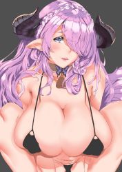 Rule 34 | 1girl, absurdres, bell, bikini, blush, braid, braided ponytail, breasts, bug, butterfly, choker, cleavage, collar, curled horns, granblue fantasy, granblue fantasy versus, grey background, highres, horns, insect, ituki rin, knees up, large breasts, lipstick, long hair, looking at viewer, makeup, narmaya (granblue fantasy), navel, neck bell, painttool sai (medium), pale skin, parted lips, pink hair, pointy ears, purple hair, squatting, stomach bulge, swimsuit, teeth