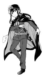 Rule 34 | 1boy, cloak, closed mouth, family crest, fate/grand order, fate (series), fiery hair, full body, gloves, greyscale, hair between eyes, hat, highres, jacket, katana, long hair, long sleeves, looking at viewer, low ponytail, male focus, monochrome, oda nobukatsu (fate), oda uri, pants, peaked cap, ponytail, sheath, sheathed, simple background, solo, standing, standing on one leg, sword, tachitsu teto, very long hair, weapon, white background