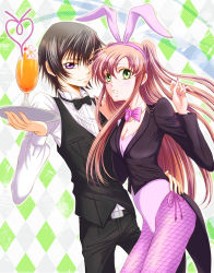 Rule 34 | 1boy, 1girl, animal ears, black hair, blush, bow, bowtie, breasts, cleavage, code geass, couple, drink, fake animal ears, fishnet pantyhose, fishnets, green eyes, hand on another&#039;s hip, hand on another&#039;s shoulder, highres, jacket, lelouch vi britannia, leotard, long hair, looking at viewer, nail polish, open mouth, orange hair, pantyhose, plate, playboy bunny, purple eyes, rabbit ears, ribbon, shirley fenette, short hair, smile, suzuna (kiss log)