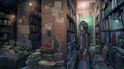 Rule 34 | 1girl, book, book stack, bookshelf, brown skirt, commentary request, denki, green eyes, green hair, grey jacket, headphones, hood, hood down, hooded jacket, indoors, jacket, lamp, long sleeves, looking away, open clothes, open jacket, original, parted lips, pleated skirt, shirt, skirt, sleeves rolled up, solo, standing, watch, white shirt, wristwatch