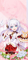 Rule 34 | 1girl, 2023, animal, bare shoulders, bird, birthday cake, blue eyes, breasts, cake, character name, chinese commentary, dress, english text, flower, food, fork, fruit, happy birthday, highres, holding, holding cake, holding food, holding fork, homu (honkai impact), honkai (series), honkai impact 3rd, long hair, looking at viewer, mandarin orange, official art, official wallpaper, plate, small breasts, solo, strawberry, teeth, theresa apocalypse, theresa apocalypse (celestial hymn), upper teeth only, white flower, white hair, white headwear