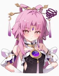 Rule 34 | 1girl, aftamc, armpit crease, bare shoulders, blush, bow-shaped hair, constellation, constellation print, forehead jewel, frown, fu xuan (honkai: star rail), hair intakes, hair ornament, hair stick, hands on own hips, highres, honkai: star rail, honkai (series), looking at viewer, low twintails, medium hair, orange eyes, parted bangs, pink hair, pink tassel, purple rope, ribbon, rope, simple background, solo, swirl, tassel, tassel hair ornament, twintails, two-tone eyes, white background