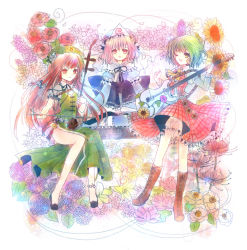 Rule 34 | 3girls, anklet, ascot, bloom, boots, braid, camellia, cherry blossoms, china dress, chinese clothes, chrysanthemum, cross-laced footwear, dress, erhu, female focus, flower, green hair, guitar, hat, hong meiling, hydrangea, instrument, jewelry, kazami yuuka, lace-up boots, light smile, lily (flower), long hair, lotus, morning glory, multiple girls, piano, pink hair, plaid, plaid skirt, plaid vest, red hair, saigyouji yuyuko, short hair, skirt, skirt set, smile, spider lily, sunflower, torii sumi, touhou, twin braids, vest
