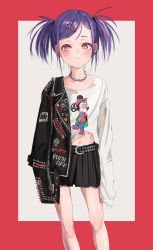 Rule 34 | 1girl, absurdres, bad id, bad twitter id, belt, black belt, black jacket, black skirt, blush, border, chain, chain necklace, closed mouth, cowboy shot, cross, disney, english text, gishiki (gshk), goth fashion, hair ornament, hairclip, highres, iron cross, jacket, jewelry, leather, leather jacket, long sleeves, looking at viewer, mickey mouse, midriff, miniskirt, navel, necklace, off-shoulder jacket, off shoulder, original, pleated skirt, profanity, punk, purple hair, red background, red border, red eyes, shirt, skirt, solo, standing, studded belt, twintails, white background, white shirt