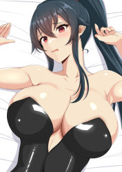 Rule 34 | 1girl, absurdres, baji toufuu (bajitohfu), bed sheet, black hair, black leotard, blush, breasts, cleavage, collarbone, covered navel, hair between eyes, highres, kantai collection, large breasts, leotard, long hair, open mouth, ponytail, red eyes, sidelocks, solo, strapless, strapless leotard, upper body, very long hair, yahagi (kancolle)