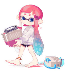 Rule 34 | 1girl, anklet, barefoot, black shorts, blue eyes, blue hair, blunt bangs, blush, bow, closed mouth, commentary request, expressionless, feet, full body, gradient hair, grizzco slosher (splatoon), hair bow, highres, holding, inkling, inkling girl, inkling player character, jewelry, long hair, long sleeves, looking at viewer, multicolored hair, nintendo, pink hair, pointy ears, red bow, sahata saba, short eyebrows, short shorts, shorts, sidelocks, signature, simple background, sleeves past wrists, solo, splatoon (series), squee-g, standing, sweater, tentacle hair, thick eyebrows, toes, walking, white background, white sweater