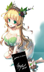 Rule 34 | 1girl, :o, bare shoulders, blush, breast hold, breasts, gloves, gradient background, green eyes, kneeling, large breasts, leaf, leaf bikini, long hair, looking at viewer, original, see-through, signature, solo, tiara, tilt-shift (azalanz), white gloves