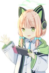 1girl, blonde hair, blue archive, cat ear headphones, game console, green eyes, hair ribbon, halo, headphones, highres, jacket, kujyo ayans, looking at viewer, midori (blue archive), necktie, open mouth, ribbon, short hair, simple background, solo, waving, white background