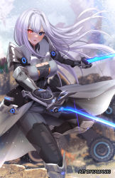 Rule 34 | 1girl, armor, blue eyes, breast tattoo, breasts, cleavage cutout, clothing cutout, dual wielding, ethel (xenoblade), heterochromia, highres, holding, holding sword, holding weapon, kamaniki, large breasts, red eyes, shoulder armor, solo, sword, tattoo, weapon, xenoblade chronicles (series), xenoblade chronicles 3