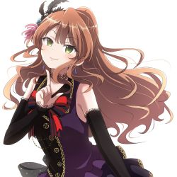 Rule 34 | 1girl, bang dream!, black choker, black feathers, black sleeves, blush, bow, bowtie, brown hair, choker, detached sleeves, earrings, feather hair ornament, feathers, green eyes, hair ornament, half updo, highres, imai lisa, index finger raised, jewelry, lace, lace-trimmed sleeves, lace choker, lace trim, long hair, looking at viewer, pochita (pochitaiko), red bow, red bowtie, simple background, smile, solo, upper body, white background