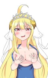 Rule 34 | ahoge, bare arms, bare shoulders, blonde hair, blue dress, blush, grabbing another&#039;s breast, breast hold, breasts, cleavage, corruption, cygames, dark persona, dragalia lost, dress, evil, evil smile, grabbing, highres, holding, large breasts, long hair, looking at breasts, morsayati, nintendo, possessed, possession, possessionts, smile, tiara, white background, zethia