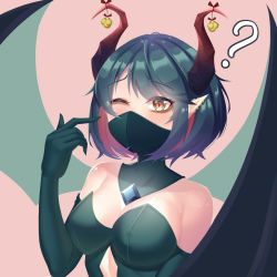 Rule 34 | 1girl, breasts, cleavage, commentary, demon girl, demon horns, demon wings, destinyplayer1, diamond-shaped pupils, diamond (shape), elbow gloves, english commentary, gloves, green gloves, highres, horns, large breasts, looking at viewer, mask, one eye closed, original, red eyes, solo, symbol-shaped pupils, upper body, wings