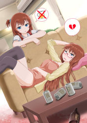 Rule 34 | 2girls, alcohol, bad id, bad pixiv id, beer, beer can, beer mug, blue eyes, blush, breasts, broken heart, brown hair, can, cleavage, couch, crossed arms, cup, drink can, glasses, hand on own stomach, heart, long hair, lying, medium breasts, mug, multiple girls, on back, open mouth, original, short hair, speech bubble, spoken heart, suzushiro nazuna, table, thighhighs