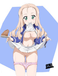Rule 34 | 1girl, bad id, bad pixiv id, bc freedom military uniform, blonde hair, blue background, blush, breasts, censored, clothes lift, drill hair, food, food on face, fork, girls und panzer, green eyes, kumagapaniti, lifted by self, long hair, looking at viewer, marie (girls und panzer), military, military uniform, navel, nipples, no bra, panties, pink panties, pudding, pussy, shiny skin, shirt lift, simple background, skirt, skirt lift, small breasts, solo, standing, two-tone background, underwear, uniform, white background, white skirt