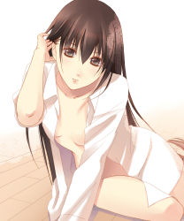 Rule 34 | 1boy, black eyes, brown hair, fuuchouin kazuki, getbackers, highres, long hair, male focus, no pants, open clothes, open mouth, open shirt, papillon10, shirt, sitting, smile, solo, trap